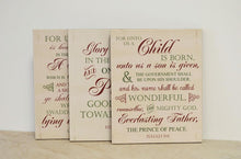 Load image into Gallery viewer, Christmas Decoration, Nativity Sign, Christmas Signs, Nativity Decoration, Set of 3 Wood Scripture Signs, Farmhouse Christmas, 8x10 or 11x14
