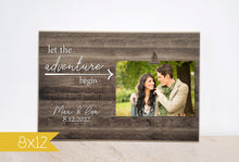Load image into Gallery viewer, Wedding Picture Frame, Personalized Photo Frame, Gift for Bride and Groom, Let the Adventure Begin Wedding Gift, Custom Engagement Gift,
