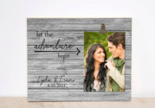 Load image into Gallery viewer, Wedding Picture Frame, Personalized Photo Frame, Gift for Bride and Groom, Let the Adventure Begin Wedding Gift, Custom Engagement Gift,
