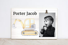 Load image into Gallery viewer, Construction Nursery Decor, Personalized Picture Frame, Construction Trucks Sign, Boys Room Wall Decor, 1st Birthday Decor, Nursery Wall Art

