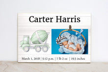 Load image into Gallery viewer, Baby Stats Sign Nursery Decor, Construction Truck Sign, Personalized Baby Stats, Picture Frame, Boys Room Decor, Kids Art, Baby Shower Gift
