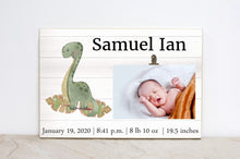Load image into Gallery viewer, Personalized Birth Announcement Picture Frame, Dinosaur Nursery Wall Art Sign, Dinosaur Bedroom Decor, New Baby Gift, Dinosaur Wall Art
