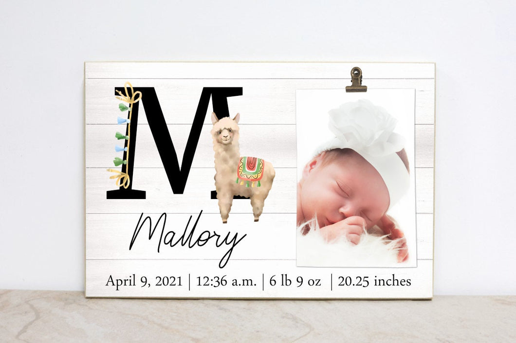 Monogram Birth Stats Picture Frame, Llama Nursery Sign, Baby Announcement, Alpaca Baby Girl Photo Frame, Nursery Wall Decor, Baby Gift- L07