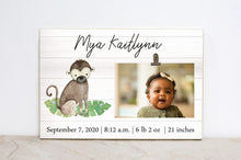 Load image into Gallery viewer, Baby Announcement Frame,  Jungle Safari Nursery Decor , Monkey Picture Frame, Personalized Frame for Safari Nursery, Baby Stats Sign, S06
