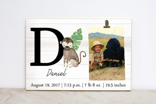Monkey Picture Frame, Monogram Frame for Jungle Nursery, Baby Stats Sign, Baby Announcement Frame, Jungle Safari Decor, Kids Wall Art  S07