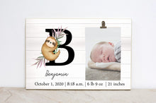 Load image into Gallery viewer, Monogram Birth Stats Picture Frame, Sloth Nursery Sign, Baby Announcement, Sloth Baby Photo Frame, Nursery Wall Decor, Baby Gift SL09
