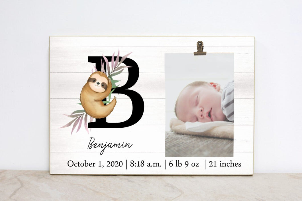 Monogram Birth Stats Picture Frame, Sloth Nursery Sign, Baby Announcement, Sloth Baby Photo Frame, Nursery Wall Decor, Baby Gift SL09