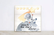 Load image into Gallery viewer, Space Name Sign, Nursery Wall Art, Watercolor Nursery Sign, Baby Shower Gift for Baby Boy Bedroom, Space Nursery Decor, Wooden Sign
