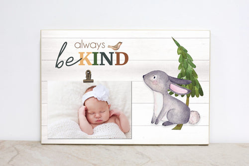 Woodland Animal Frame, Forest Animal Nursery Decor, Nursery Wall Art, BE KIND, Motivational Sign, Baby Shower Gift for Girl, Bunny Frame W01