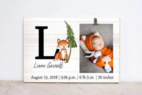 Baby Birth Stats Sign, Personalized Photo Frame, Woodland Wall Art, Baby Shower Gift for New Baby, Forest Nursery Decor, Picture Frame,  W05