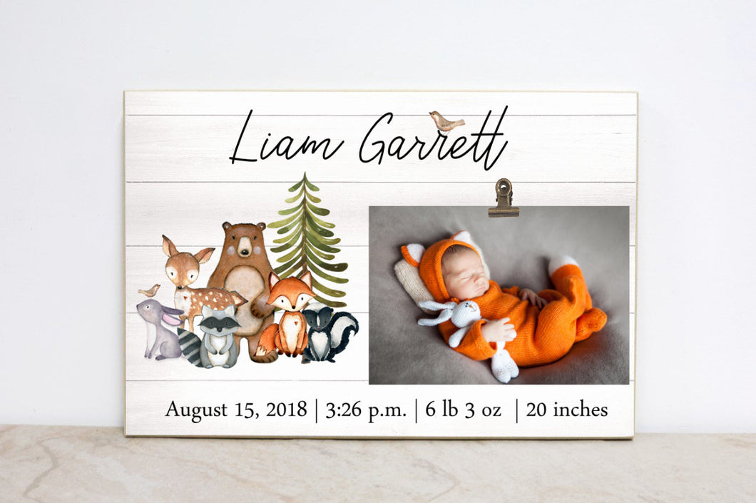 Personalized Photo Frame, Woodland Wall Art, Forest Nursery Decor, Baby Birth Stats Sign, Woodland Nursery Decor, Baby Picture Frame,  W06
