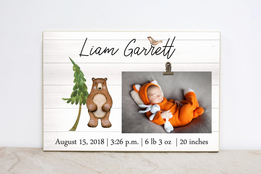 Woodland Wall Art, Forest Nursery Decor, Baby Birth Stats Sign, Woodland Nursery Decor, Personalized Photo Frame, Baby Picture Frame,  W06