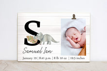Load image into Gallery viewer, Monogram Dinosaur Wall Art, Nursery Decor Dinosaur Sign, Baby Birth Stats Picture Frame, Kids Room Dinosaur Sign, New Baby Shower Gift
