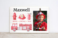 Load image into Gallery viewer, Firefighter Nursery Decor, Wall Art, Personalized Fireman Sign, Custom Picture Frame, Boys Room Wall Decor, 1st Birthday Party Decoration
