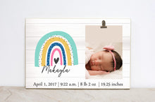 Load image into Gallery viewer, Boho Birth Stats Frame, Baby Announcement Sign, Rainbow Nursery Sign, Boho Picture Frame for Baby Girl Room, Nursery Wall Decor, Baby Shower
