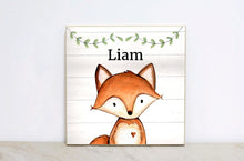 Load image into Gallery viewer, Personalized Woodland Kids Sign, Watercolor Forest Nursery Wall Art, Woodland Nursery Decor, Baby Shower Gift, Little Fox Sign,  WS09
