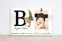 Load image into Gallery viewer, Woodland Wall Art, Baby Shower Gift for New Baby, Baby Birth Stats Sign, Personalized Photo Frame, Forest Nursery Decor, Picture Frame,  W05
