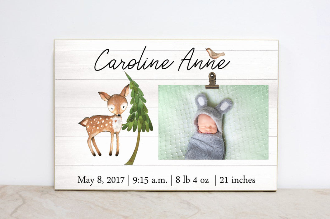 Woodland Wall Art, Baby Shower Gift for New Baby, Forest Nursery Decor, Picture Frame, Baby Birth Stats Sign, Personalized Photo Frame, W06