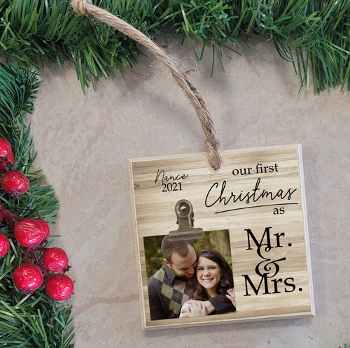 Personalized Christmas Gift for Couples, Mr & Mrs - Our First Christmas Tree Ornament, Engagement, Wedding Gift Photo Ornament, MM01
